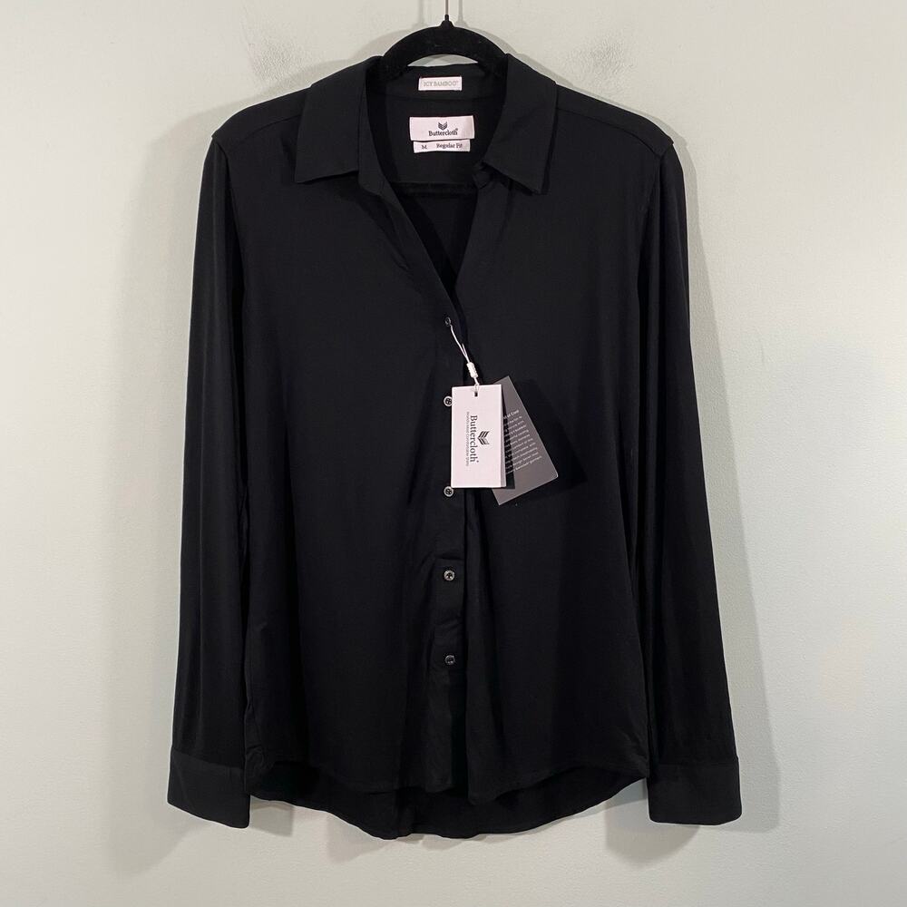 Buttercloth Women Black Icy Bamboo Sophistication Button Up Shirt Size M NWT